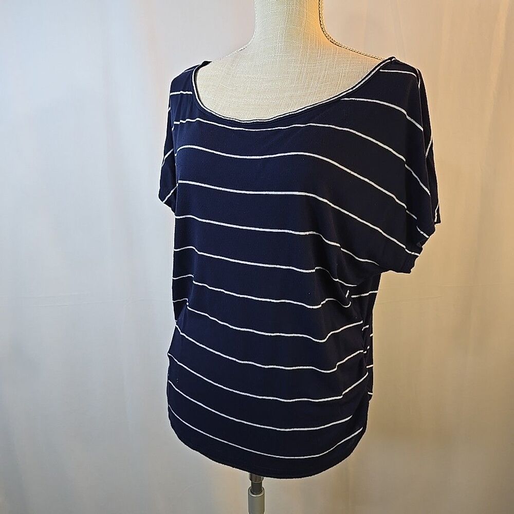 Chris & Carol Blue w Thin White Stripe Shirt Top Size L Dolman Short Sleeve USA